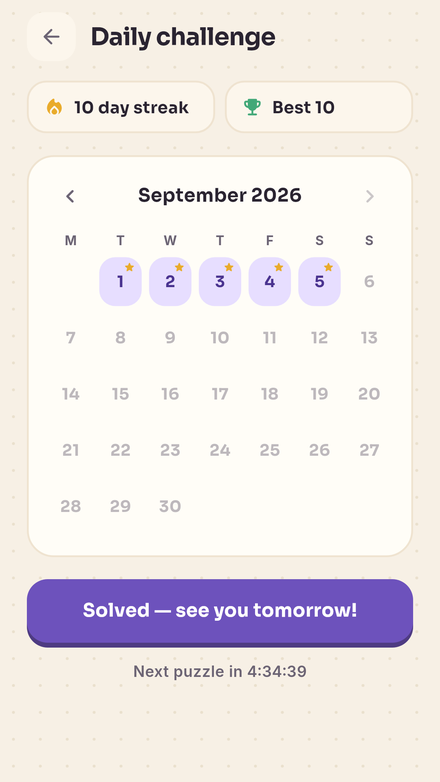The daily challenge calendar with a streak